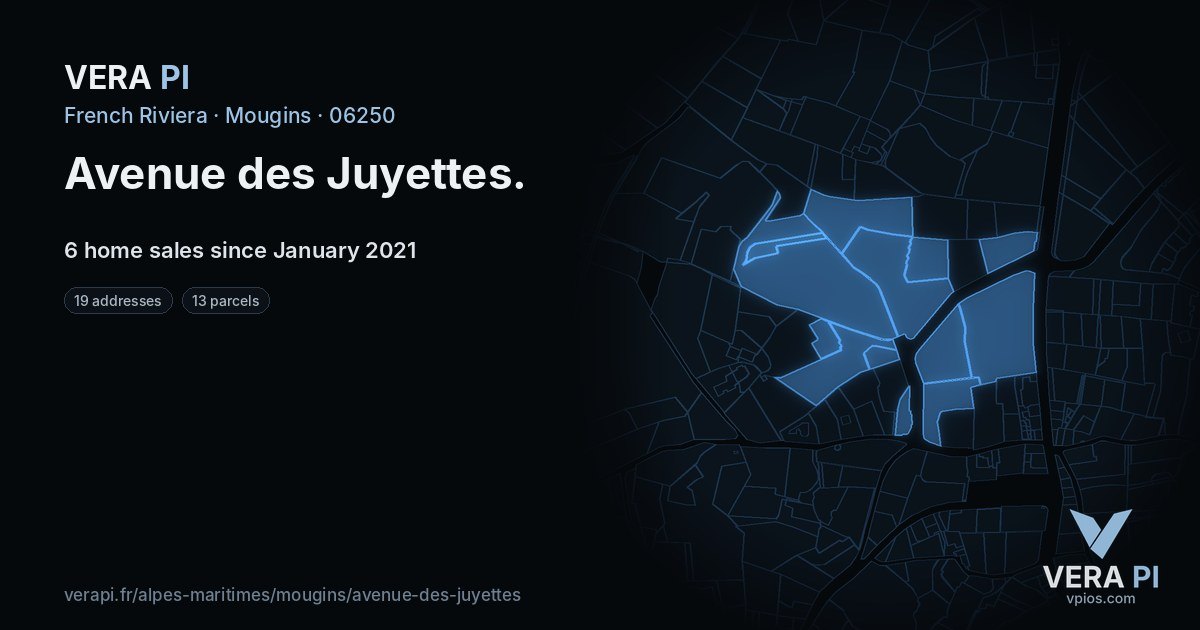 Avenue des Juyettes, Mougins at night – every parcel coloured by the prices around it, the street's own parcels lit
