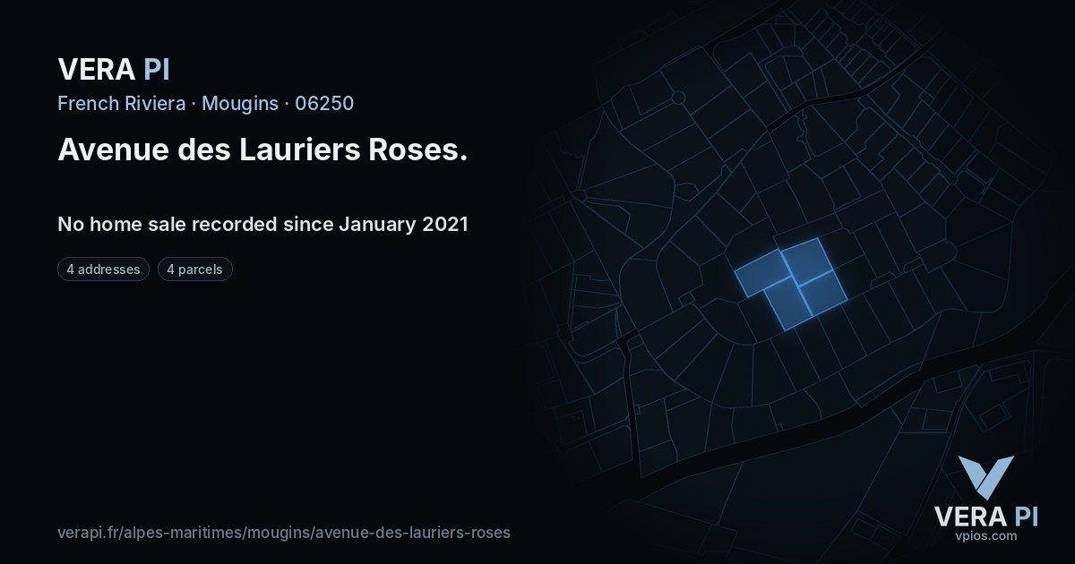 Avenue des Lauriers Roses, Mougins at night – every parcel coloured by the prices around it, the street's own parcels lit