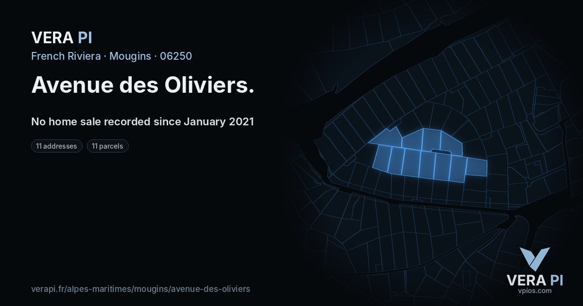 Avenue des Oliviers, Mougins at night – every parcel coloured by the prices around it, the street's own parcels lit