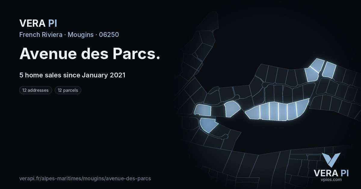 Avenue des Parcs, Mougins at night – every parcel coloured by the prices around it, the street's own parcels lit
