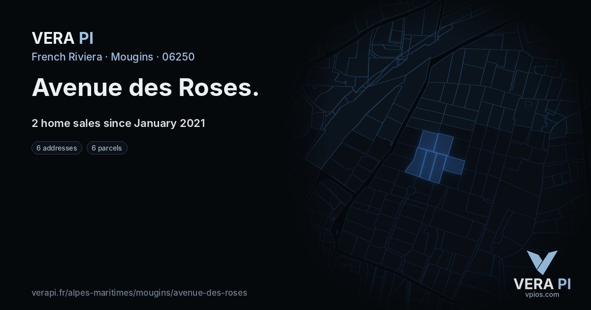 Avenue des Roses, Mougins at night – every parcel coloured by the prices around it, the street's own parcels lit