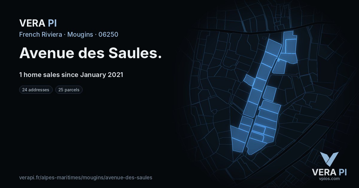 Avenue des Saules, Mougins at night – every parcel coloured by the prices around it, the street's own parcels lit