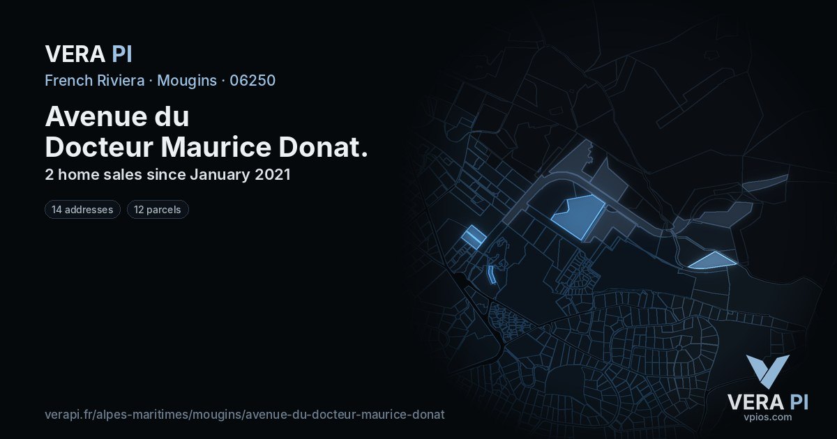 Avenue du Docteur Maurice Donat, Mougins at night – every parcel coloured by the prices around it, the street's own parcels lit