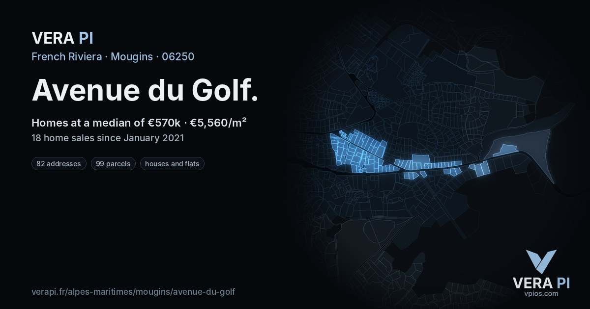 Avenue du Golf, Mougins at night – every parcel coloured by the prices around it, the street's own parcels lit