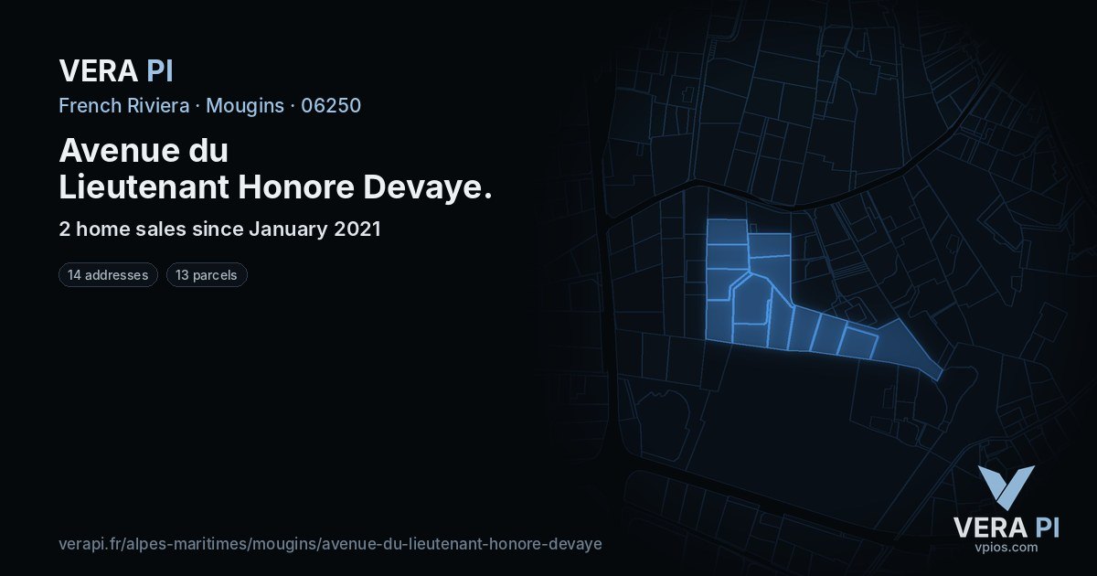 Avenue du Lieutenant Honore Devaye, Mougins at night – every parcel coloured by the prices around it, the street's own parcels lit