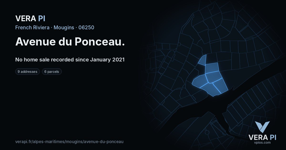 Avenue du Ponceau, Mougins at night – every parcel coloured by the prices around it, the street's own parcels lit