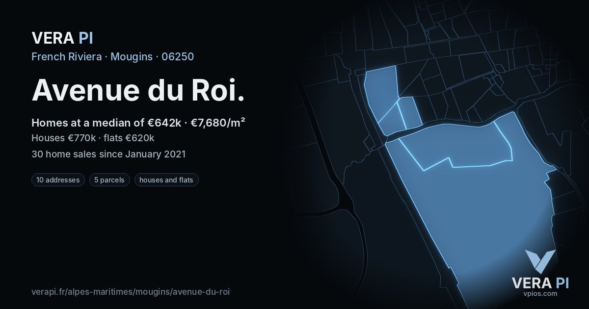 Avenue du Roi, Mougins at night – every parcel coloured by the prices around it, the street's own parcels lit