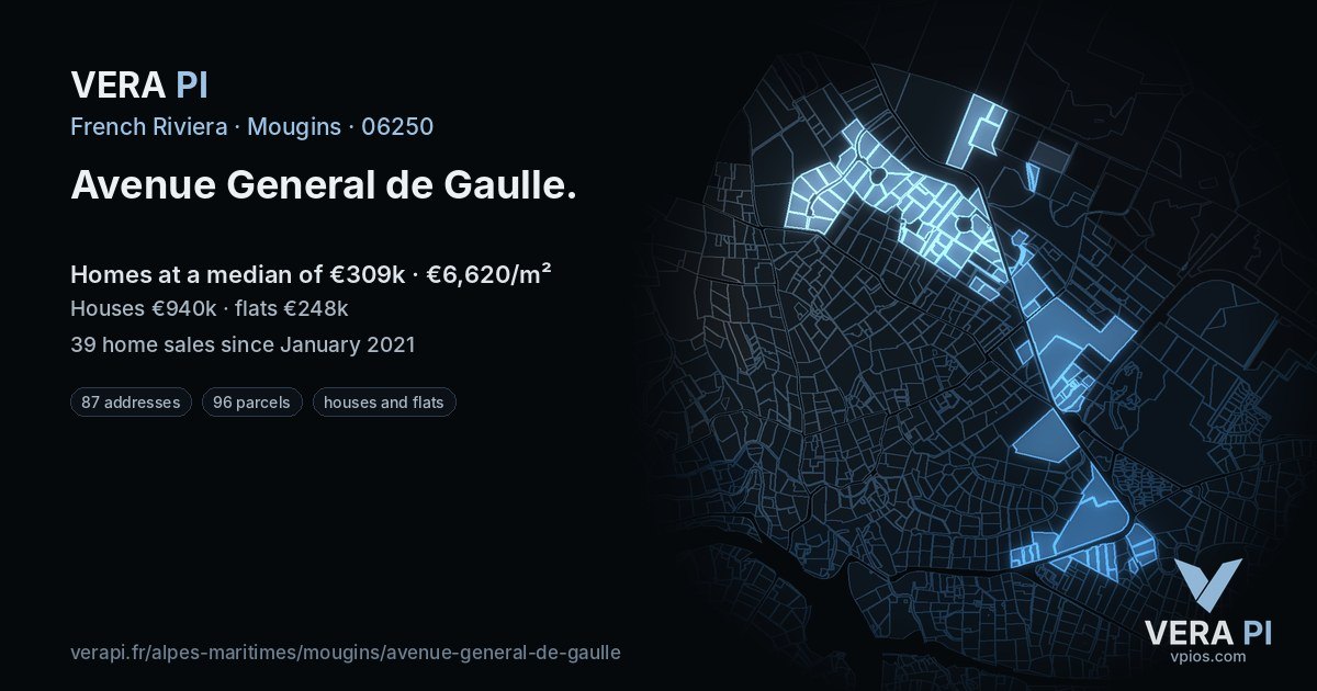 Avenue General de Gaulle, Mougins at night – every parcel coloured by the prices around it, the street's own parcels lit