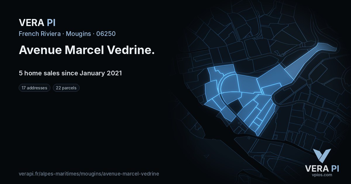 Avenue Marcel Vedrine, Mougins at night – every parcel coloured by the prices around it, the street's own parcels lit