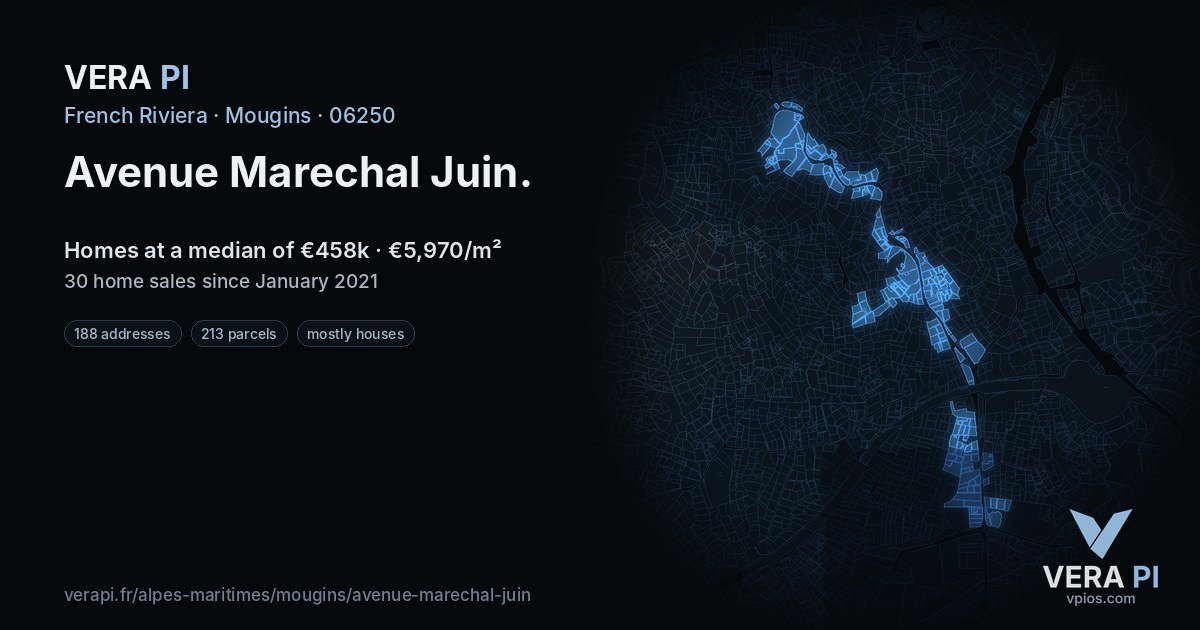 Avenue Marechal Juin, Mougins at night – every parcel coloured by the prices around it, the street's own parcels lit