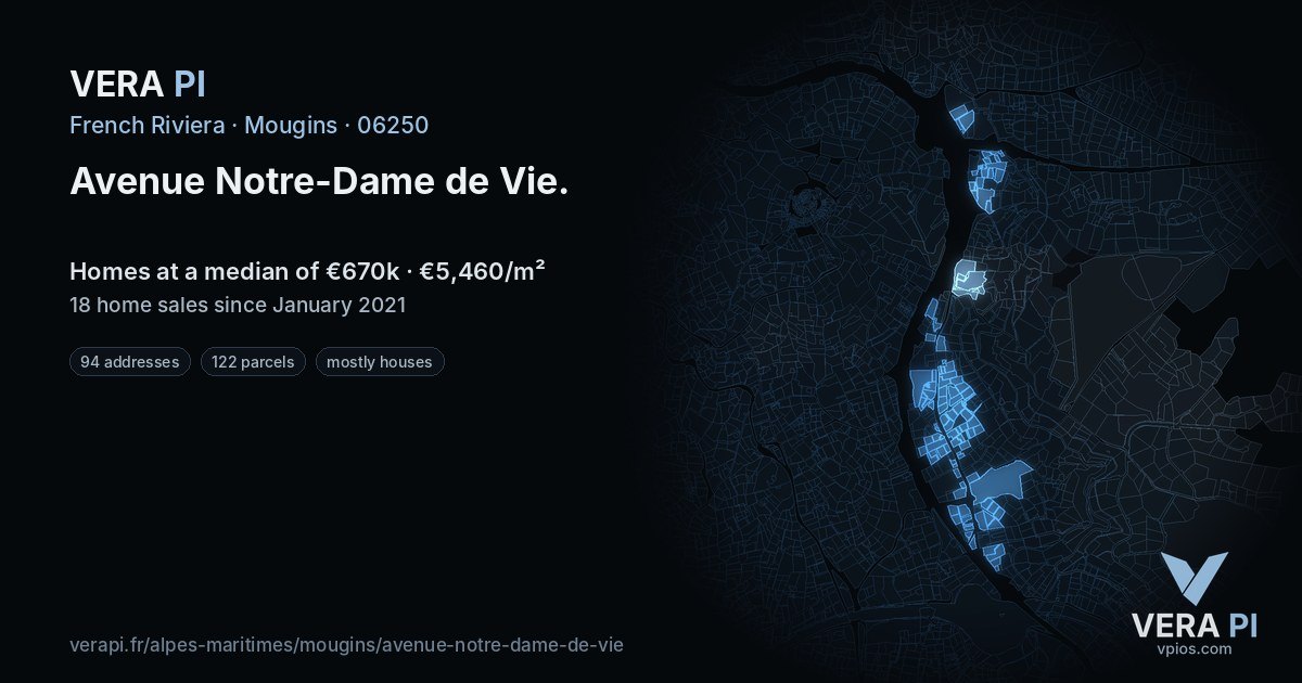 Avenue Notre-Dame de Vie, Mougins at night – every parcel coloured by the prices around it, the street's own parcels lit