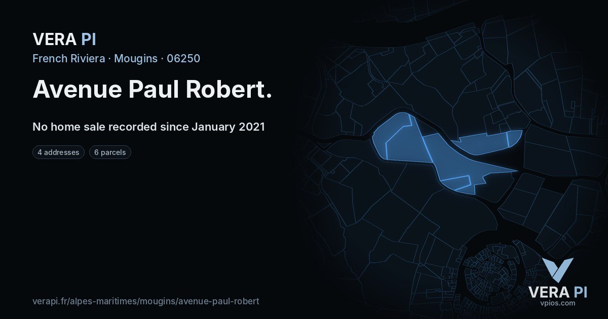 Avenue Paul Robert, Mougins at night – every parcel coloured by the prices around it, the street's own parcels lit