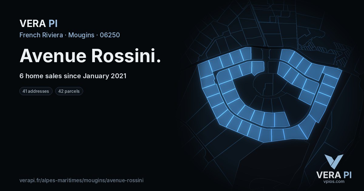 Avenue Rossini, Mougins at night – every parcel coloured by the prices around it, the street's own parcels lit