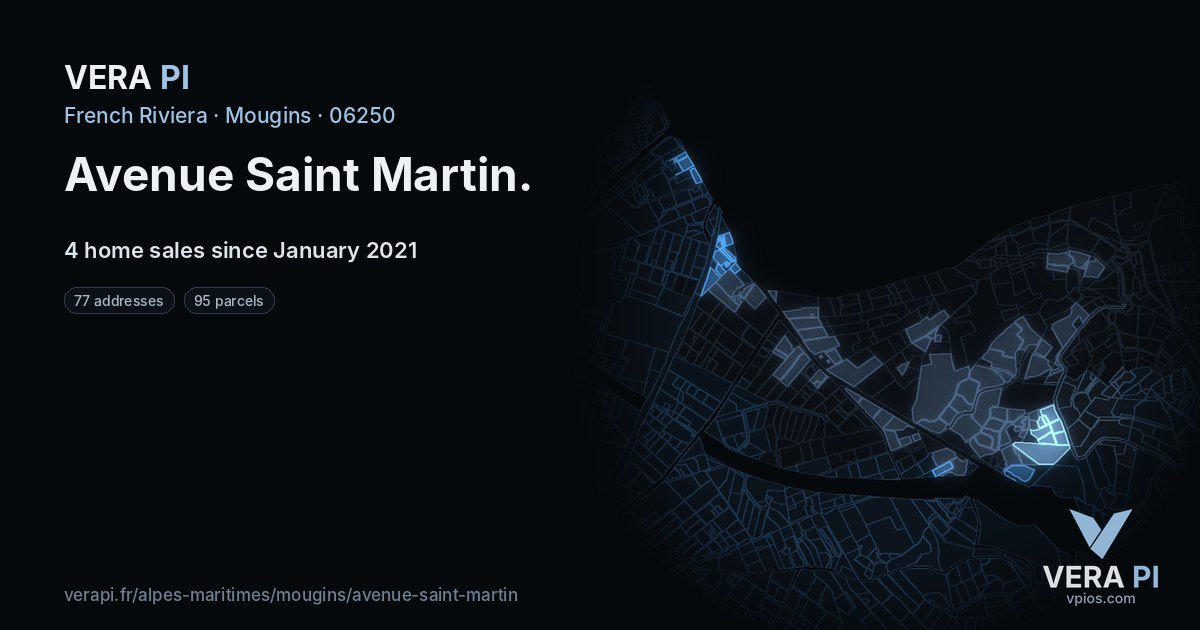 Avenue Saint Martin, Mougins at night – every parcel coloured by the prices around it, the street's own parcels lit