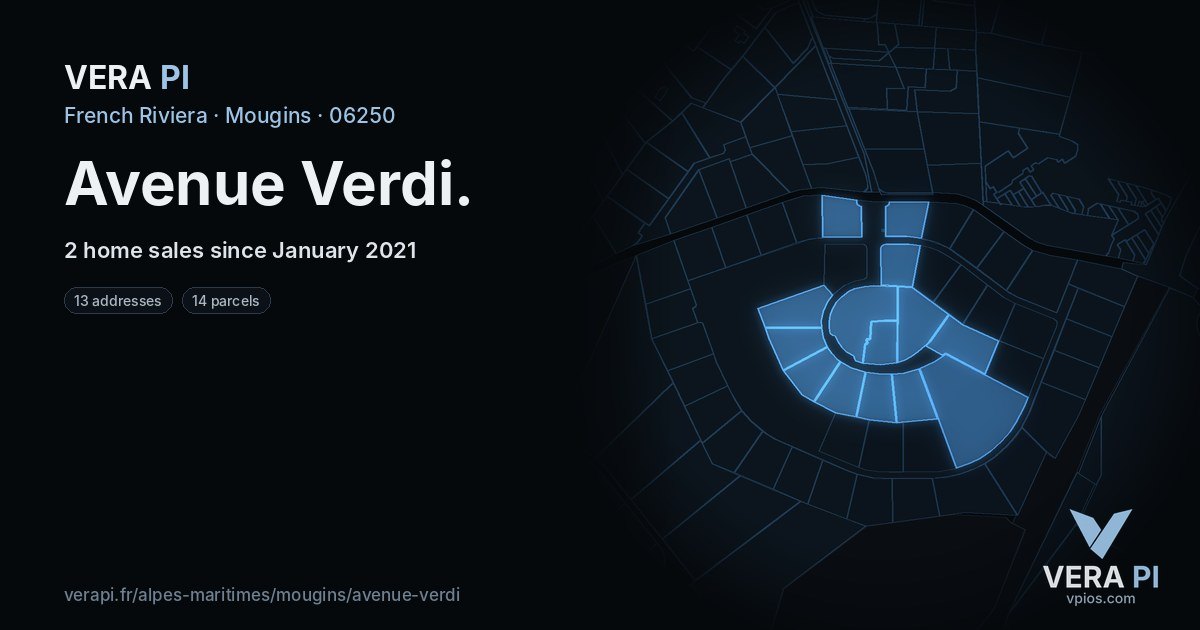 Avenue Verdi, Mougins at night – every parcel coloured by the prices around it, the street's own parcels lit