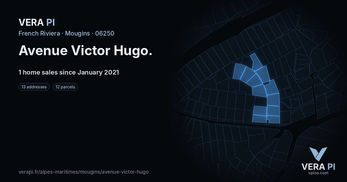 Avenue Victor Hugo, Mougins at night – every parcel coloured by the prices around it, the street's own parcels lit