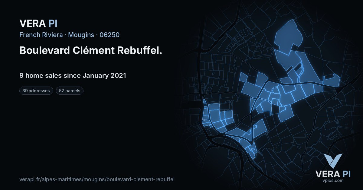 Boulevard Clément Rebuffel, Mougins at night – every parcel coloured by the prices around it, the street's own parcels lit