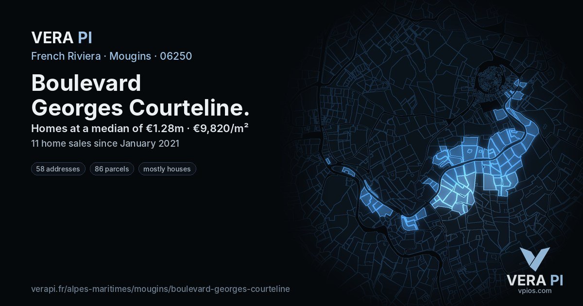 Boulevard Georges Courteline, Mougins at night – every parcel coloured by the prices around it, the street's own parcels lit