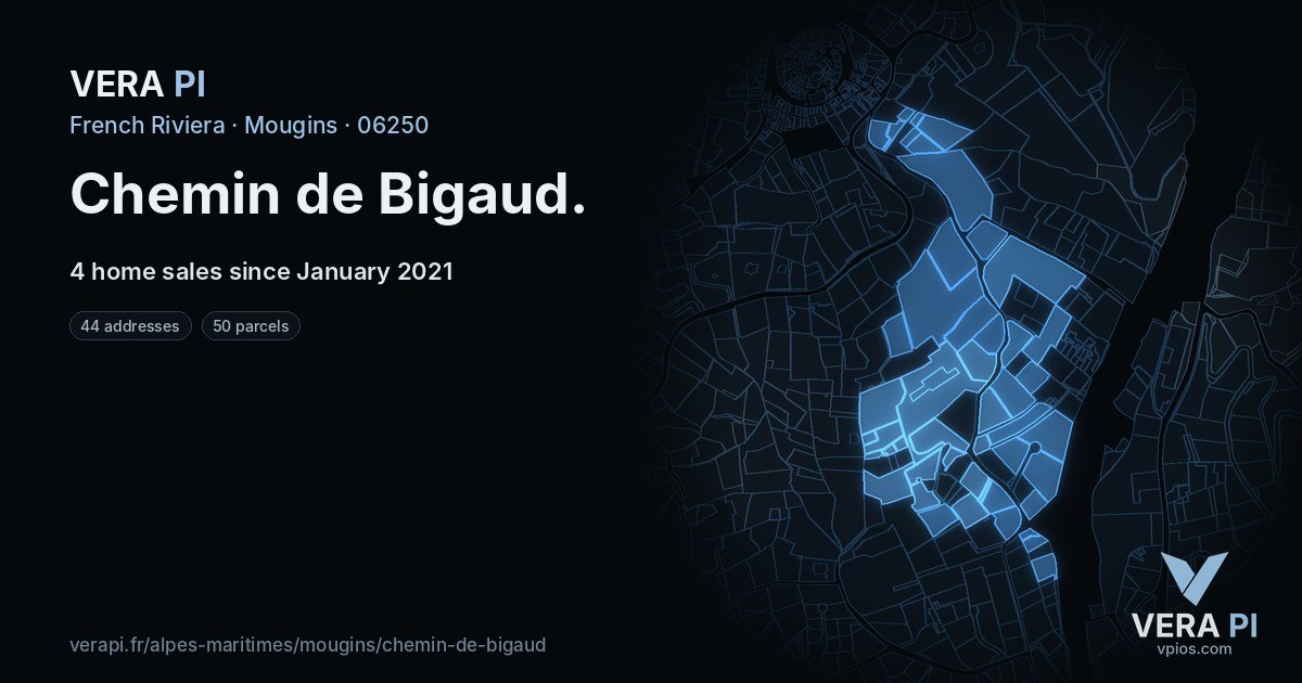 Chemin de Bigaud, Mougins at night – every parcel coloured by the prices around it, the street's own parcels lit