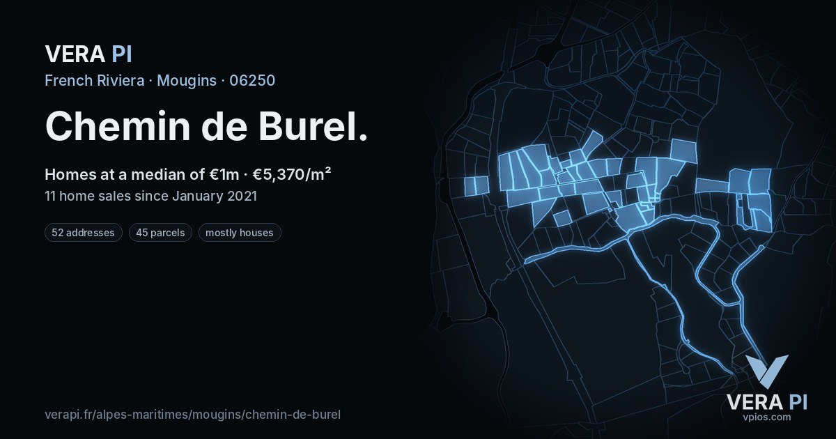 Chemin de Burel, Mougins at night – every parcel coloured by the prices around it, the street's own parcels lit