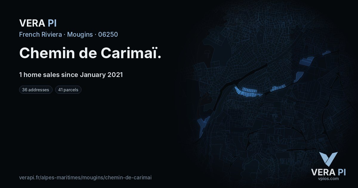 Chemin de Carimaï, Mougins at night – every parcel coloured by the prices around it, the street's own parcels lit