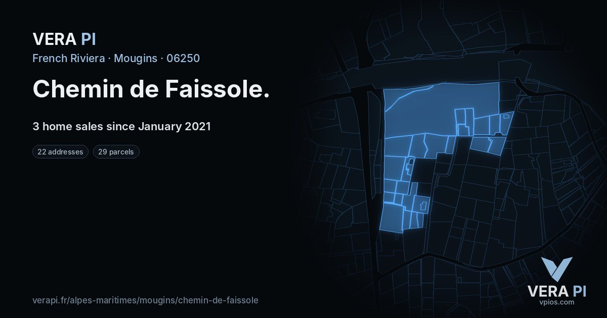 Chemin de Faissole, Mougins at night – every parcel coloured by the prices around it, the street's own parcels lit