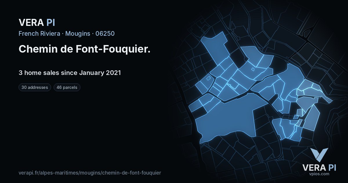 Chemin de Font-Fouquier, Mougins at night – every parcel coloured by the prices around it, the street's own parcels lit