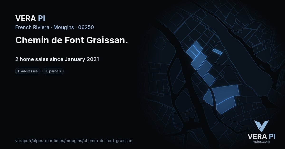 Chemin de Font Graissan, Mougins at night – every parcel coloured by the prices around it, the street's own parcels lit