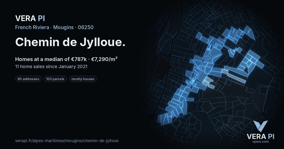 Chemin de Jylloue, Mougins at night – every parcel coloured by the prices around it, the street's own parcels lit
