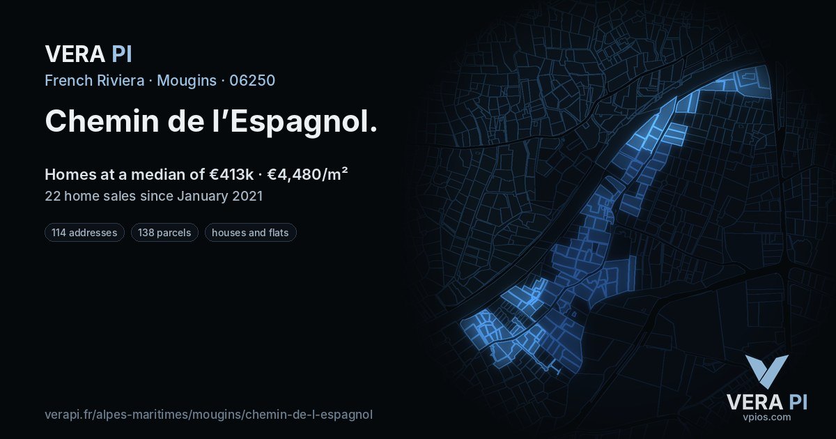 Chemin de l’Espagnol, Mougins at night – every parcel coloured by the prices around it, the street's own parcels lit