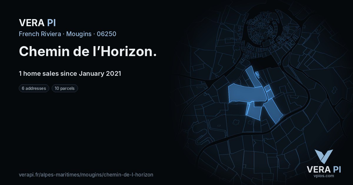 Chemin de l’Horizon, Mougins at night – every parcel coloured by the prices around it, the street's own parcels lit