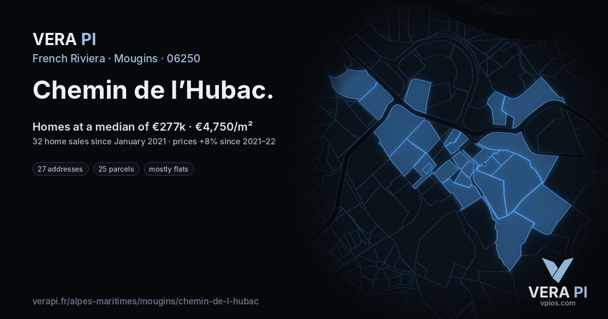 Chemin de l’Hubac, Mougins at night – every parcel coloured by the prices around it, the street's own parcels lit