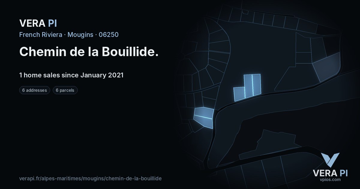 Chemin de la Bouillide, Mougins at night – every parcel coloured by the prices around it, the street's own parcels lit