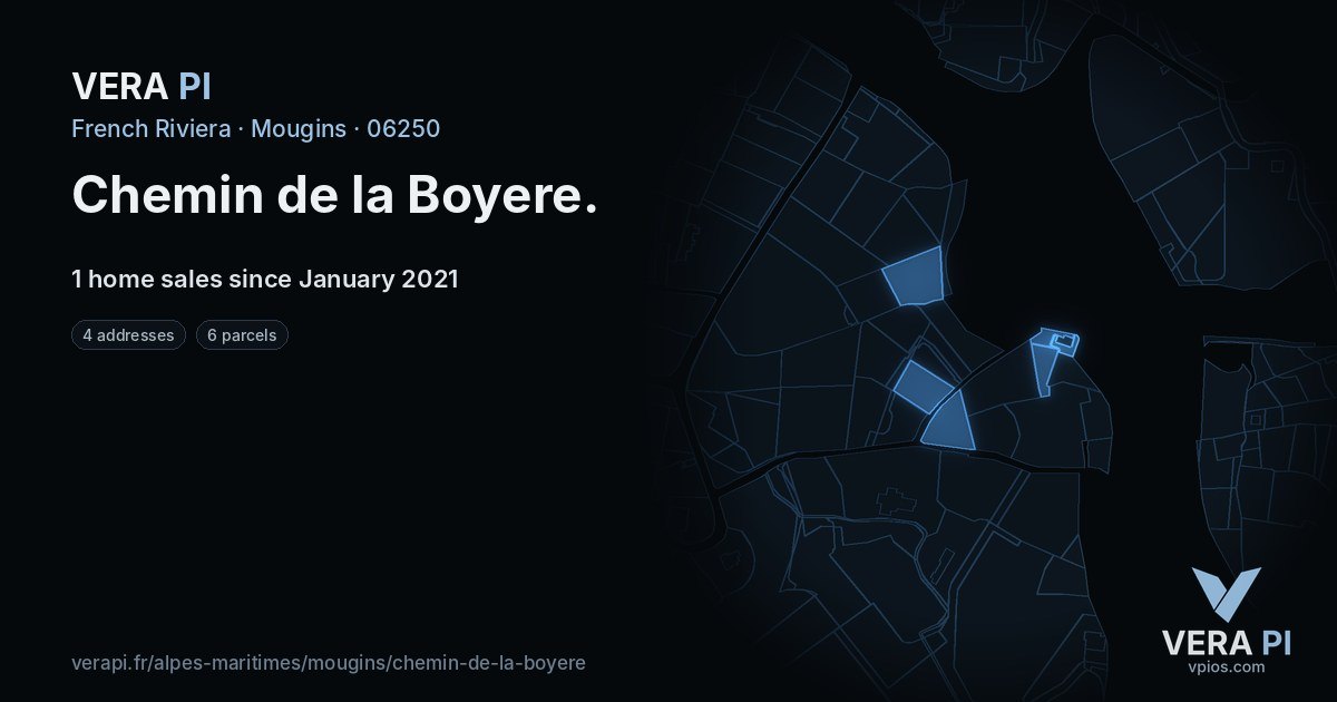 Chemin de la Boyere, Mougins at night – every parcel coloured by the prices around it, the street's own parcels lit