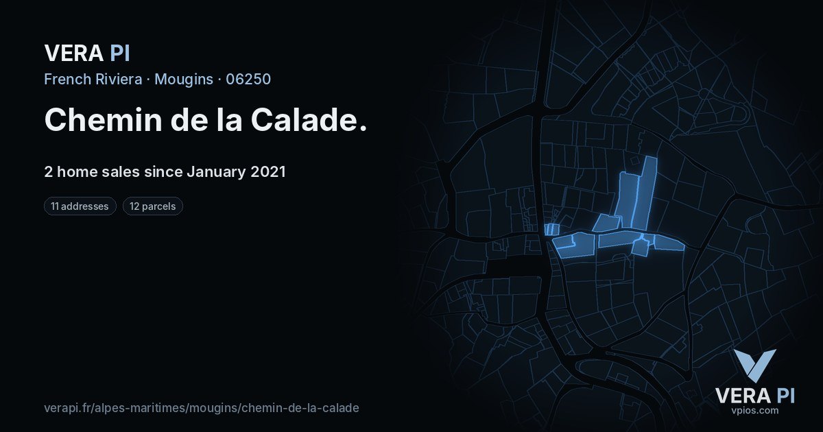 Chemin de la Calade, Mougins at night – every parcel coloured by the prices around it, the street's own parcels lit