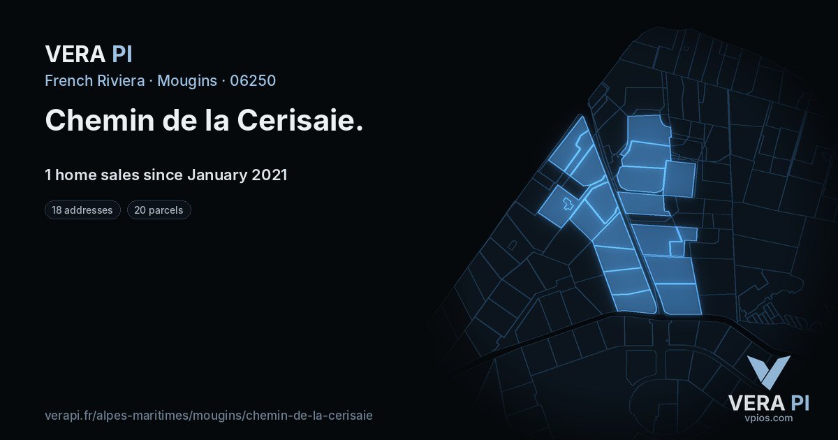 Chemin de la Cerisaie, Mougins at night – every parcel coloured by the prices around it, the street's own parcels lit