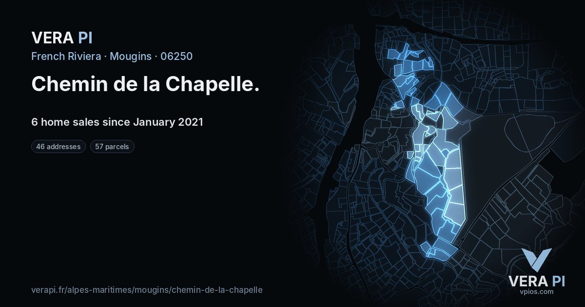 Chemin de la Chapelle, Mougins at night – every parcel coloured by the prices around it, the street's own parcels lit