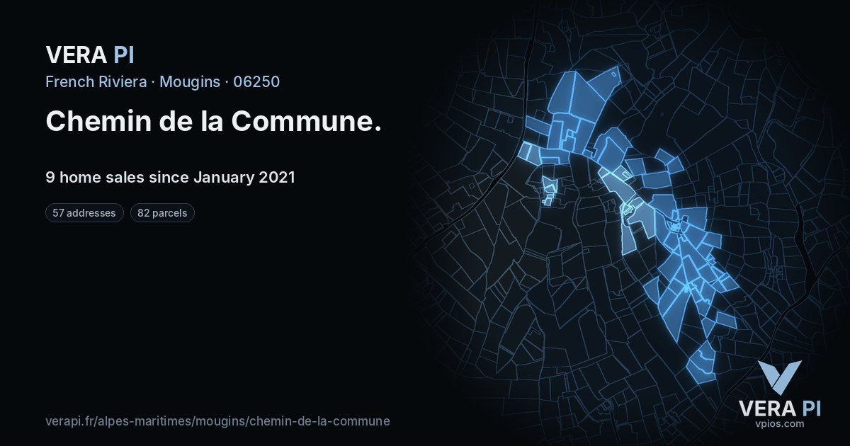 Chemin de la Commune, Mougins at night – every parcel coloured by the prices around it, the street's own parcels lit