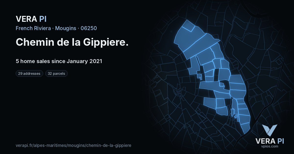 Chemin de la Gippiere, Mougins at night – every parcel coloured by the prices around it, the street's own parcels lit