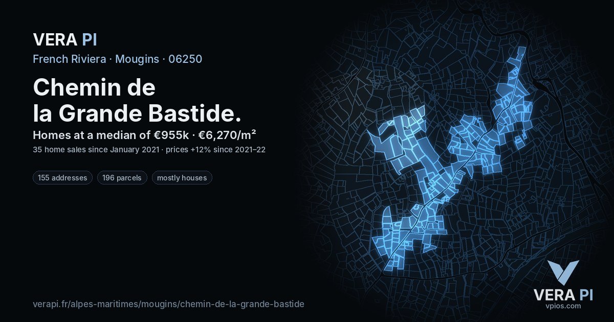 Chemin de la Grande Bastide, Mougins at night – every parcel coloured by the prices around it, the street's own parcels lit