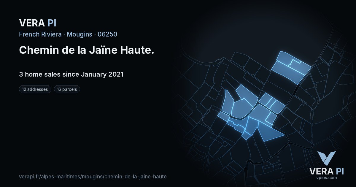 Chemin de la Jaïne Haute, Mougins at night – every parcel coloured by the prices around it, the street's own parcels lit