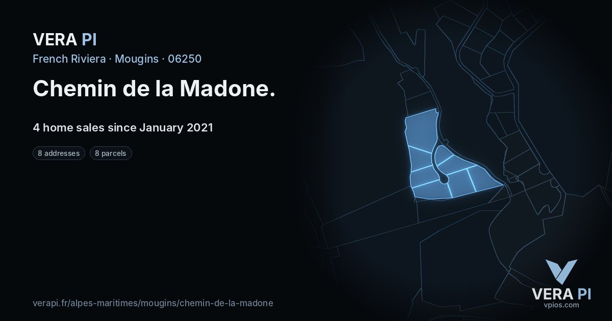 Chemin de la Madone, Mougins at night – every parcel coloured by the prices around it, the street's own parcels lit