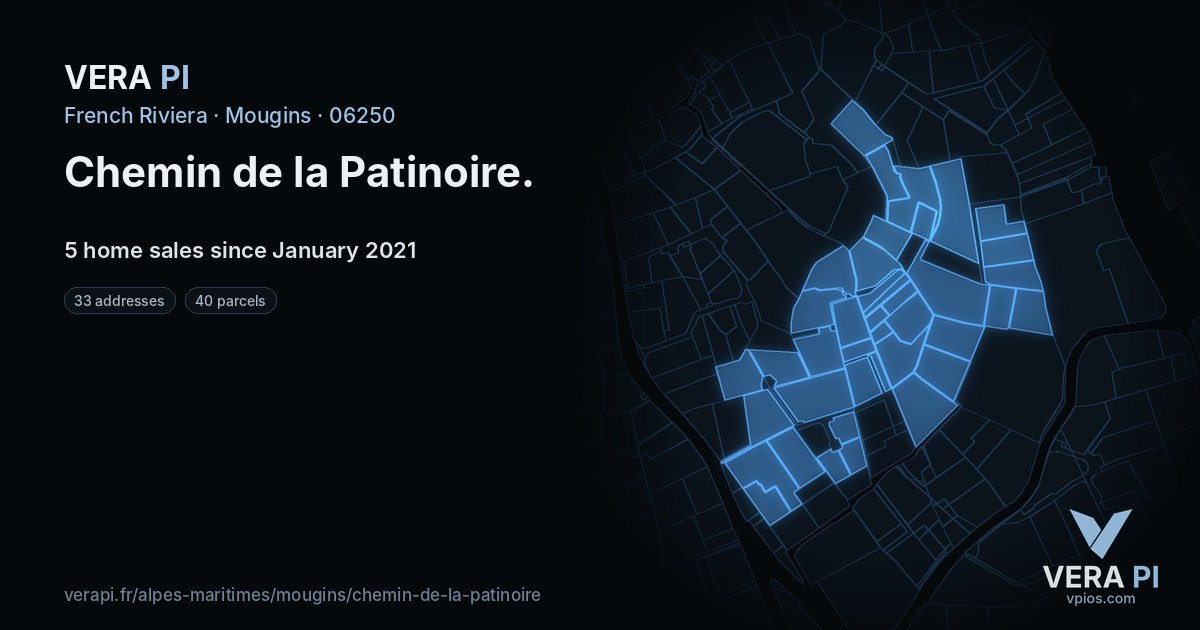 Chemin de la Patinoire, Mougins at night – every parcel coloured by the prices around it, the street's own parcels lit