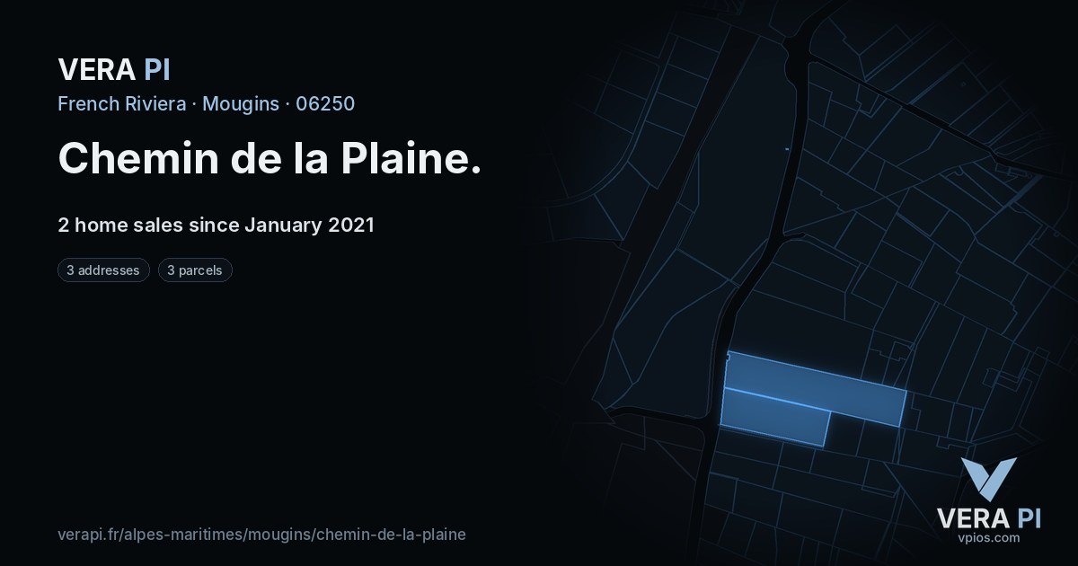 Chemin de la Plaine, Mougins at night – every parcel coloured by the prices around it, the street's own parcels lit