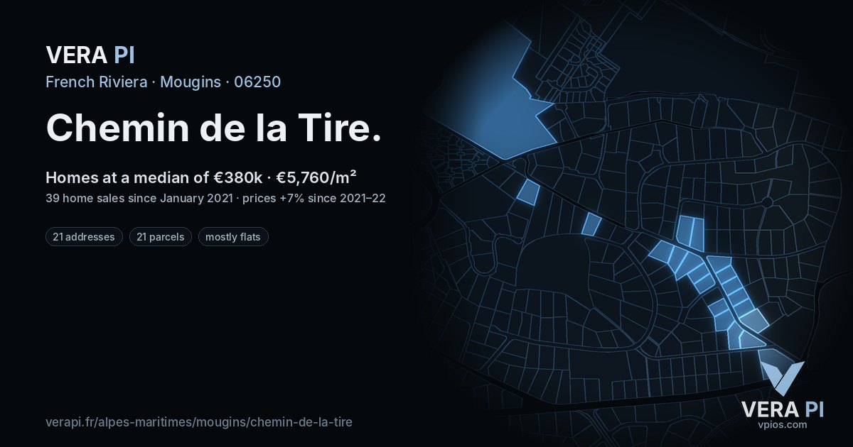 Chemin de la Tire, Mougins at night – every parcel coloured by the prices around it, the street's own parcels lit