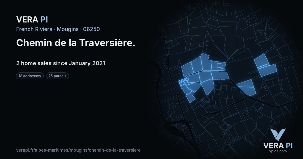 Chemin de la Traversière, Mougins at night – every parcel coloured by the prices around it, the street's own parcels lit