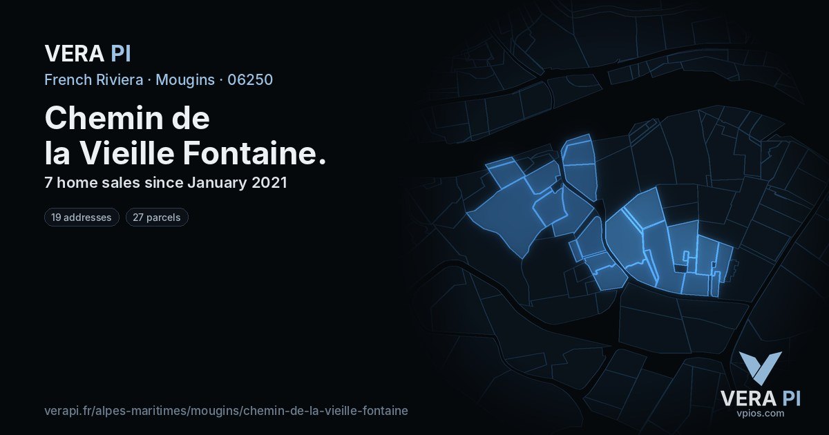 Chemin de la Vieille Fontaine, Mougins at night – every parcel coloured by the prices around it, the street's own parcels lit