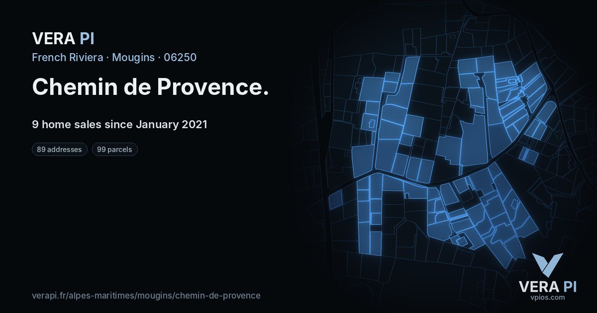 Chemin de Provence, Mougins at night – every parcel coloured by the prices around it, the street's own parcels lit