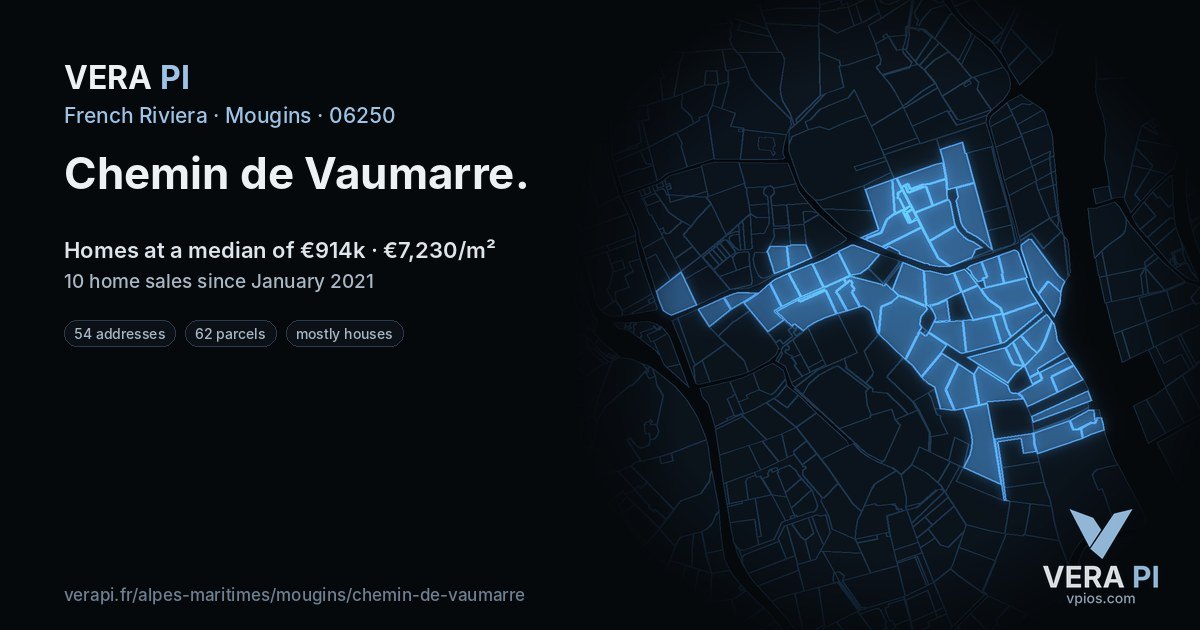 Chemin de Vaumarre, Mougins at night – every parcel coloured by the prices around it, the street's own parcels lit