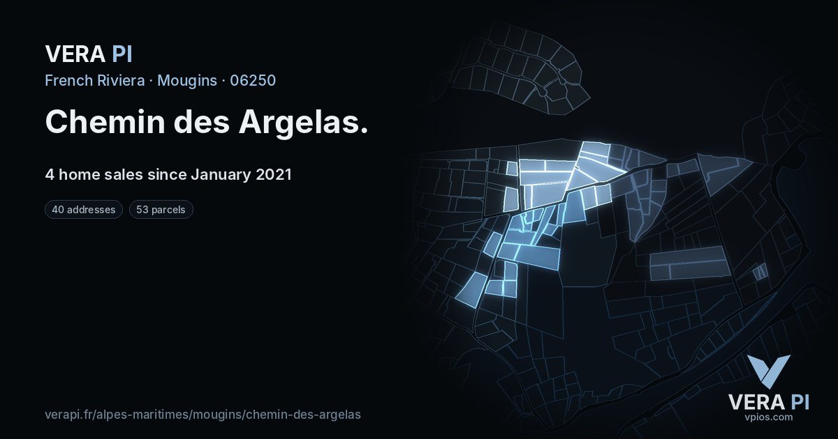 Chemin des Argelas, Mougins at night – every parcel coloured by the prices around it, the street's own parcels lit